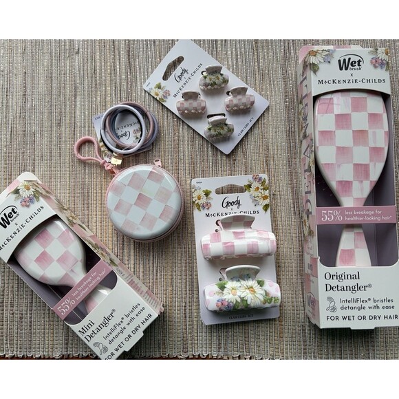 Goody Wet Brush MacKenzie Childs OG Rosy Check Hair Brush Scrunchies Clips Set
